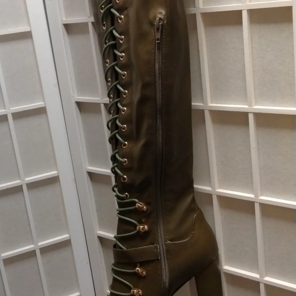 Olive Lace-Up Over-the-Knee Thigh High Boots